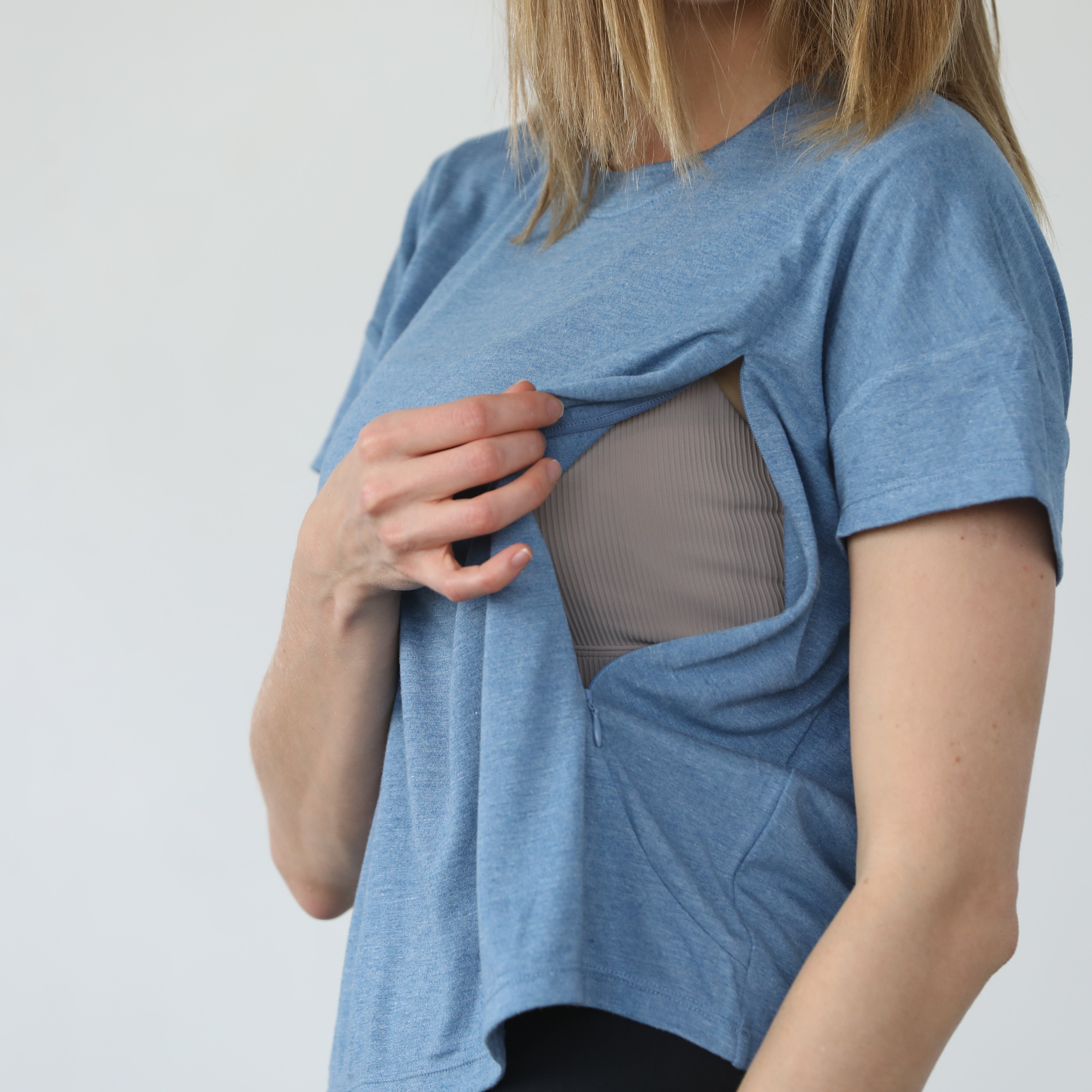 Abigail nursing short sleeve top, pacific blue, sweat and milk