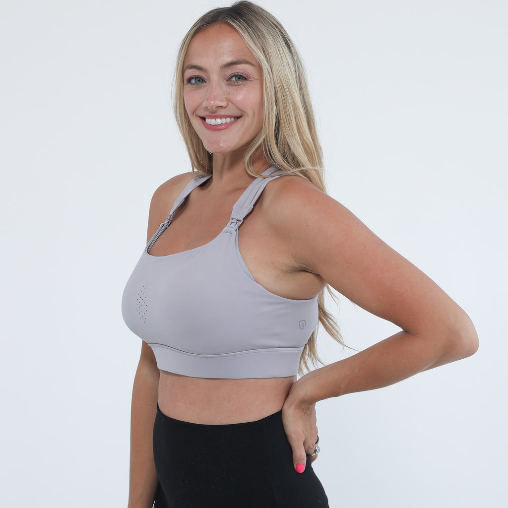 Chloe 4 Running Nursing Sports bra, high impact, grey, sweat and milk