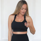 Venice 5 High Impact Nursing and hands free pumping sports bra, sweat and milk, black, full support, adjustable