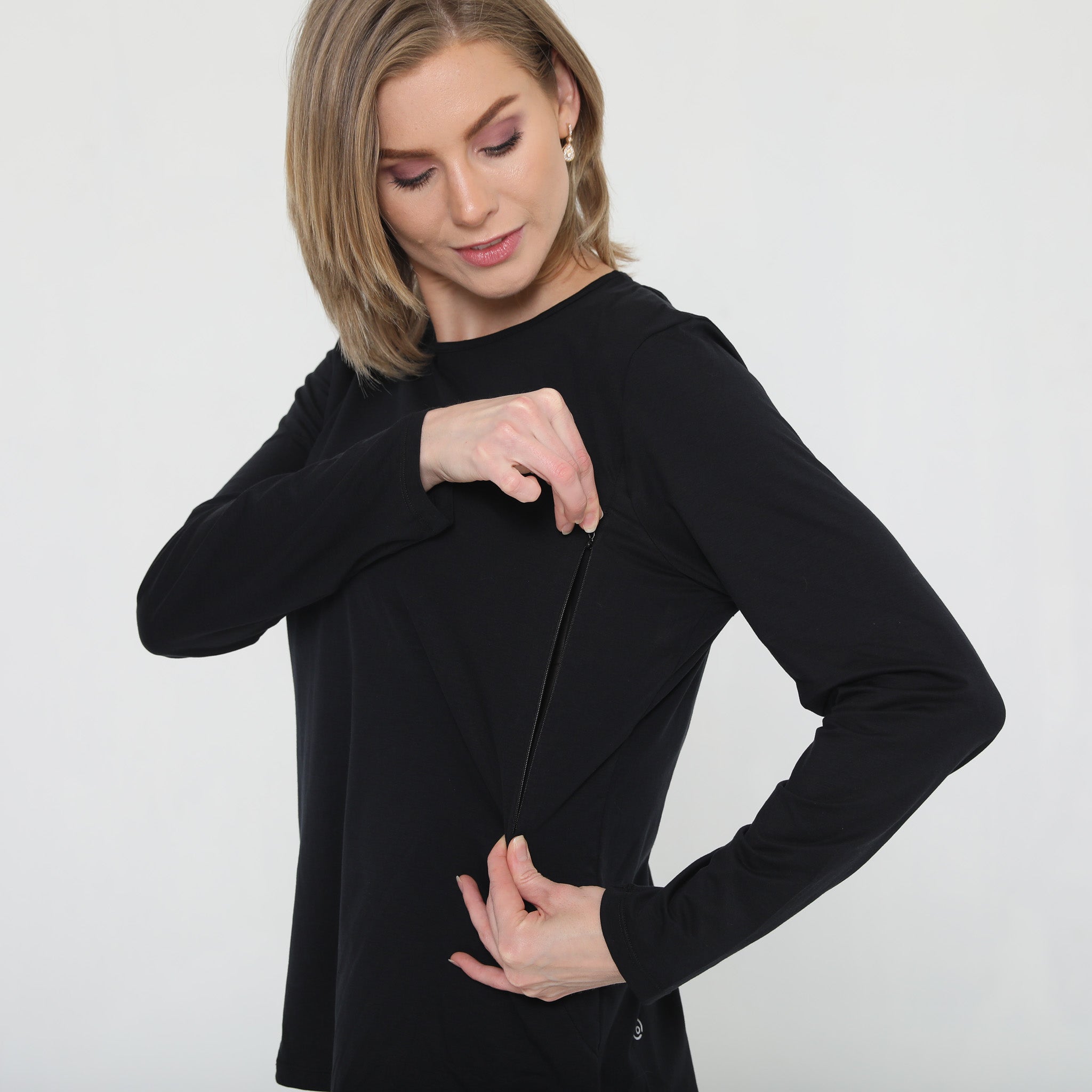 stylish nursing top with invisible zippers, open back design, sweat and milk