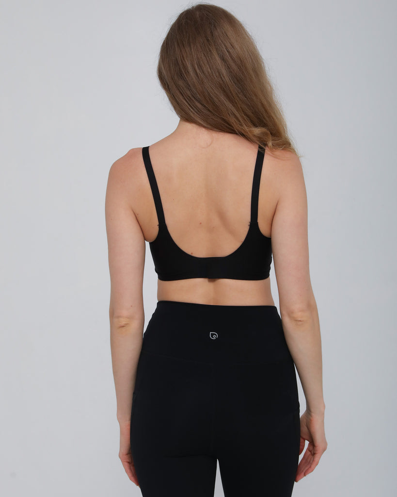 wireless nursing bra with mesh, comfortable, sweat and milk, smooth nursing bralette, back view on model