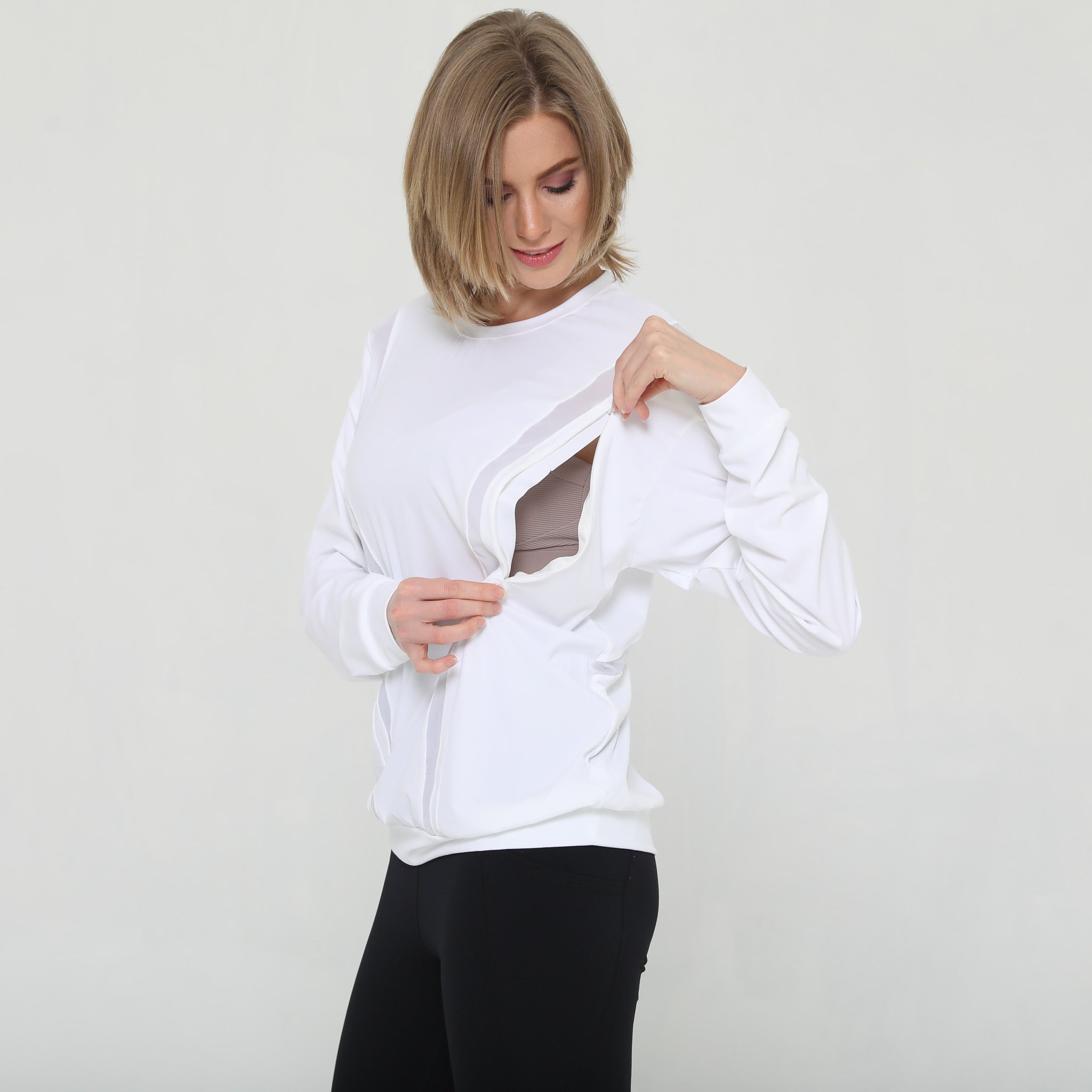 Stylish mesh nursing top long sleeve with zippers, sweat and milk