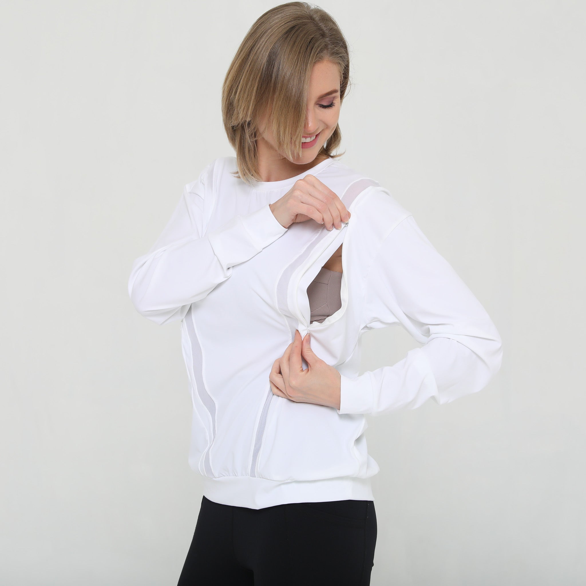 Stylish mesh nursing top long sleeve with zippers, sweat and milk