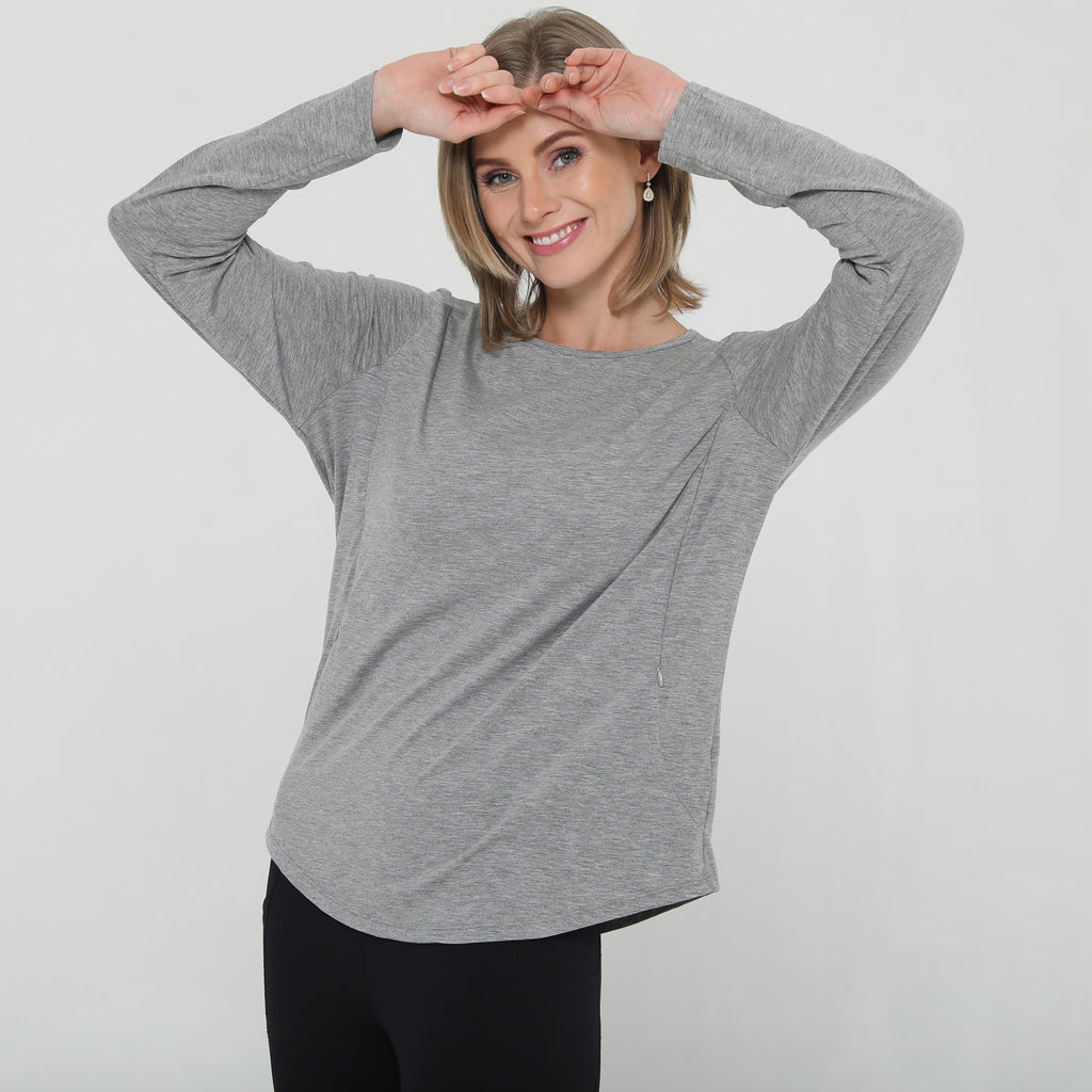 stylish nursing top with invisible zippers, open back design, sweat and milk