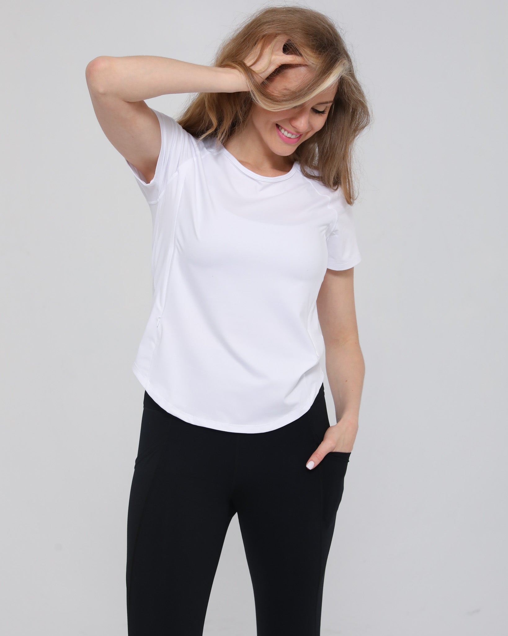 mira running nursing tee, sweat and milk