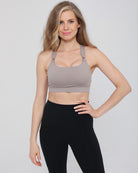 Chloe 3 running nursing sports bra, large chest, strappy back, sweat and milk, gravel