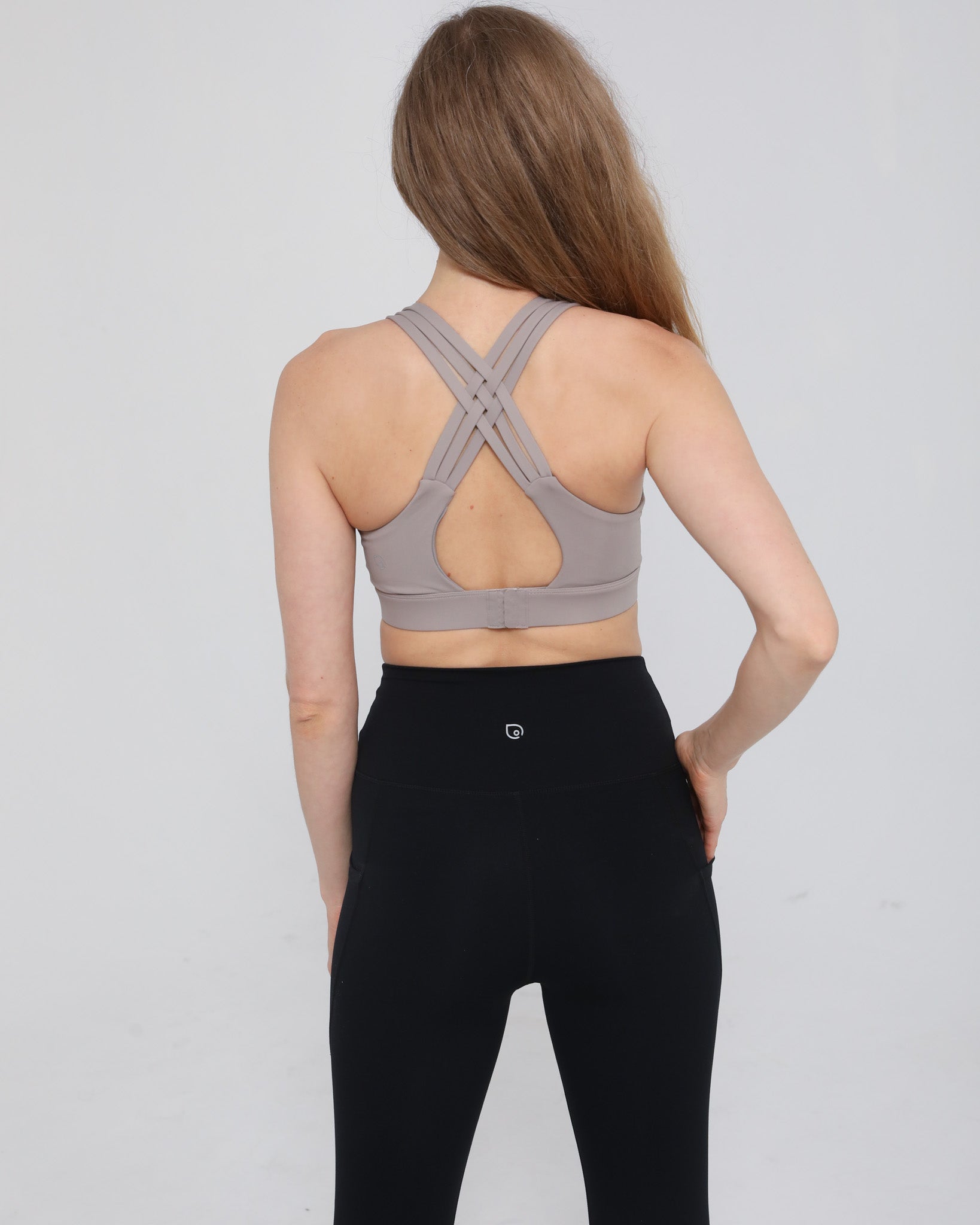 Chloe 3 running nursing sports bra, large chest, strappy back, sweat and milk, gravel