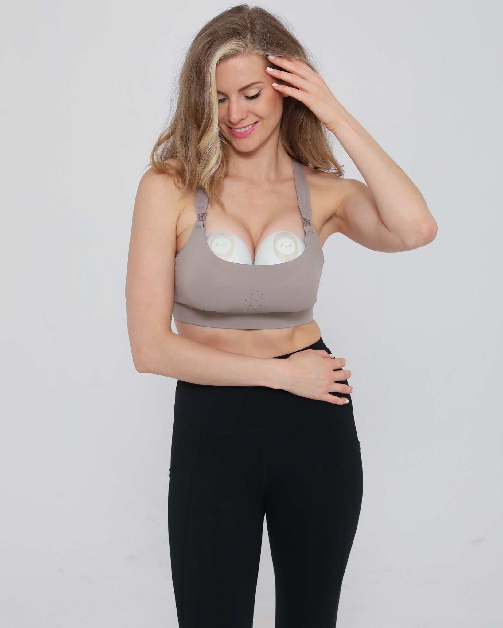 Chloe 3 running nursing sports bra, large chest, strappy back, sweat and milk, gravel