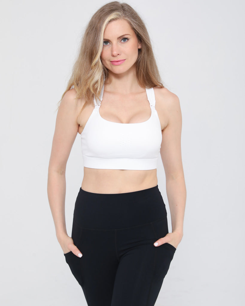 Chloe 4 nursing and pumping bra front view –  in white – Sweat and Milk