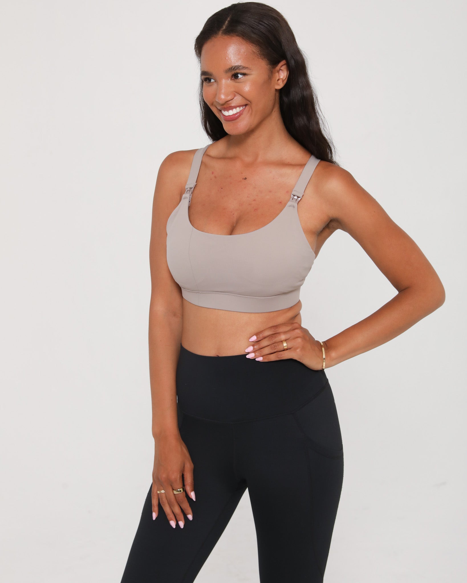 Oceane 4 medium support nursing sports bra, gravel, sweat and milk