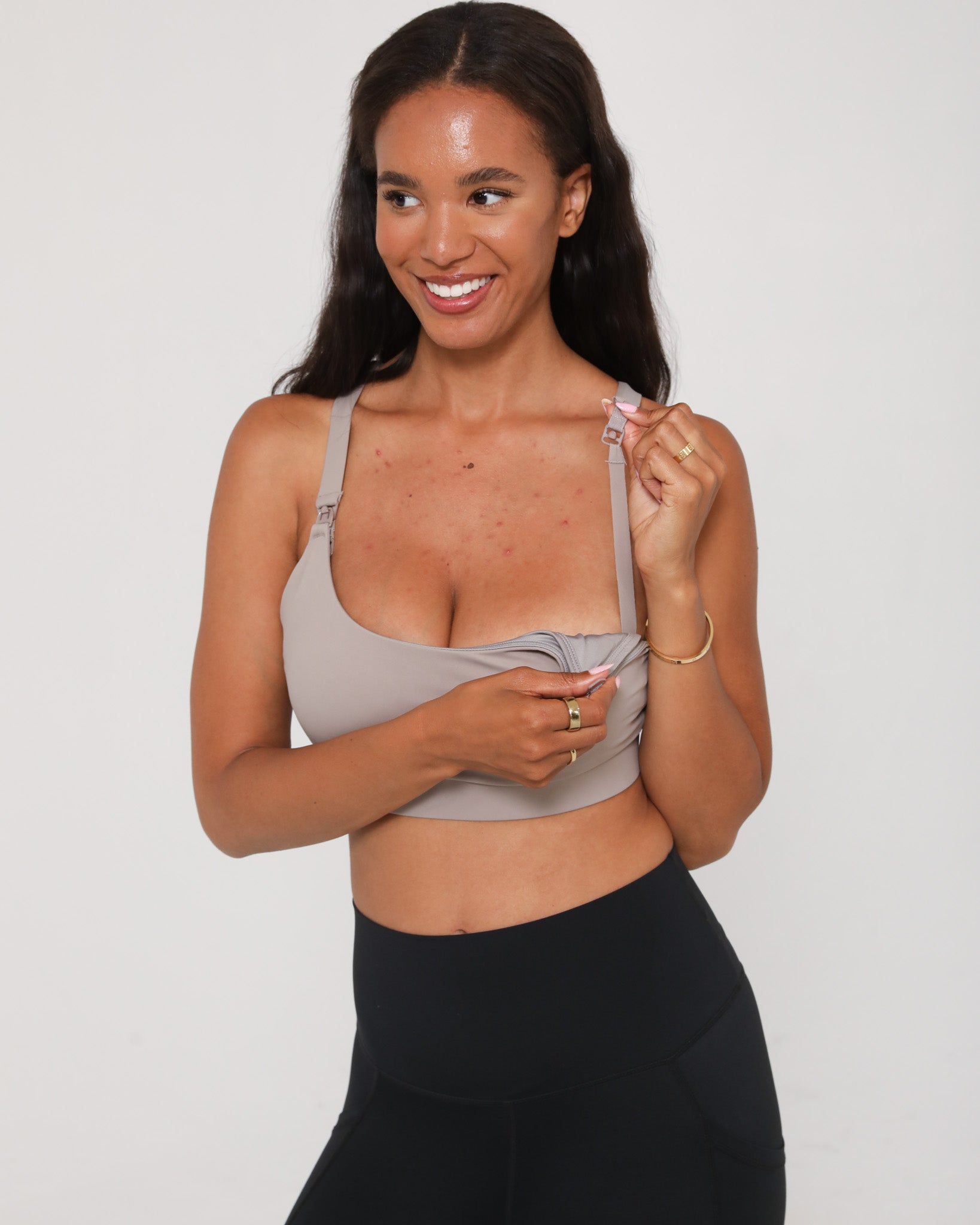 Oceane 4 medium support nursing sports bra, gravel, sweat and milk