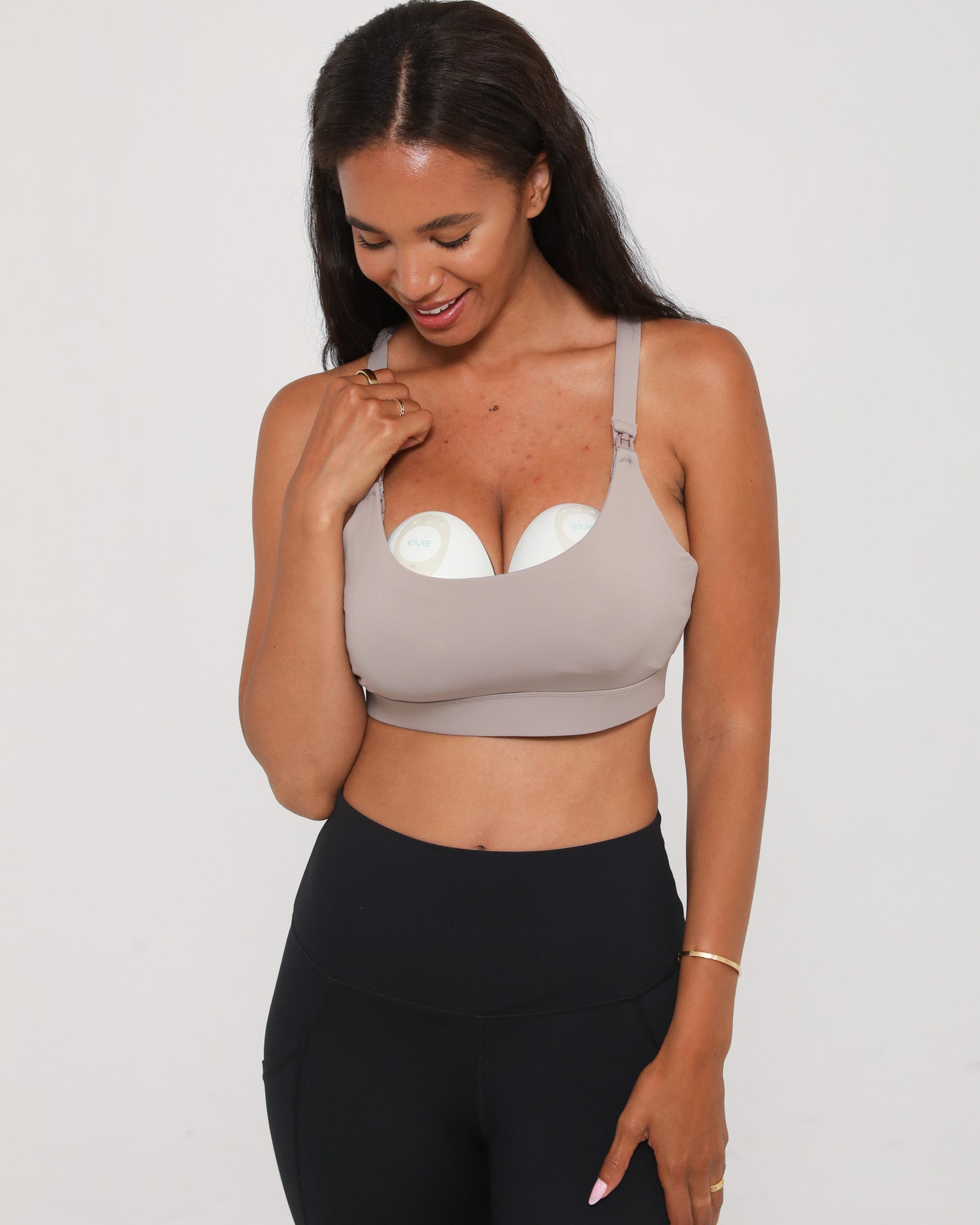 Oceane 4 medium support nursing sports bra, gravel, sweat and milk