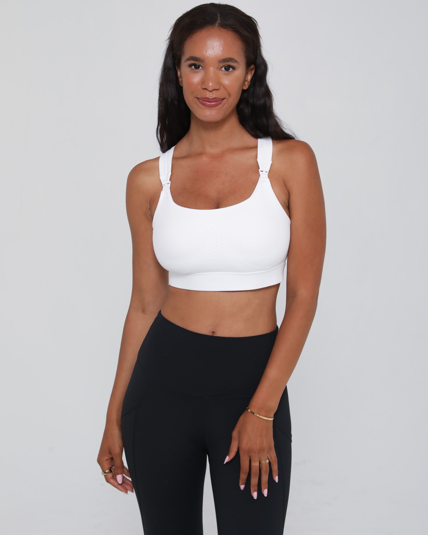 Chloe 3 nursing and pumping sports bra front view – high support – Sweat and Milk