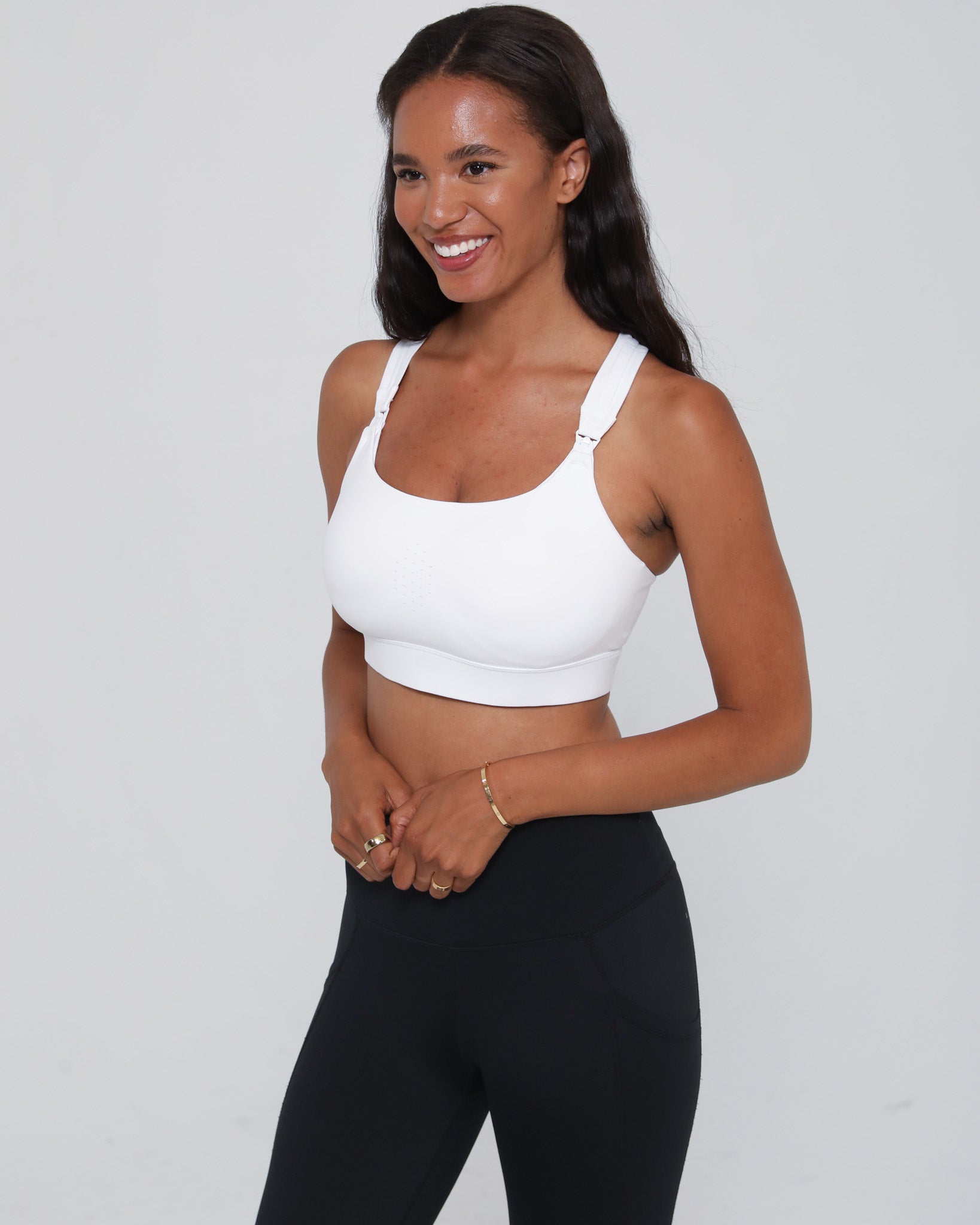 Chloe 3 nursing and pumping sports bra front view – high support – Sweat and Milk