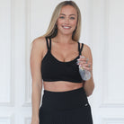 Medium Impact Nursing and pumping sports bra, stylish, black, sweat and milk