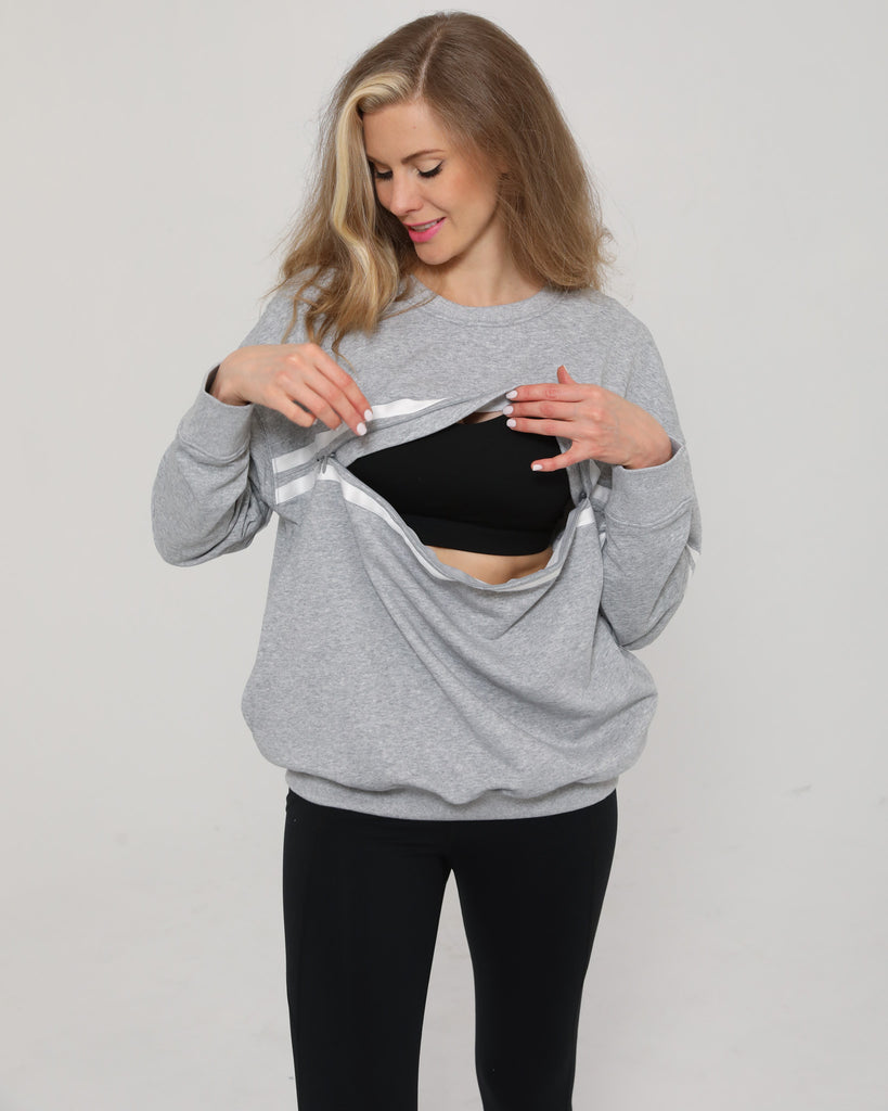 Close-up of the Celine Nursing Pullover in heather gray with zipper open, revealing discreet nursing access