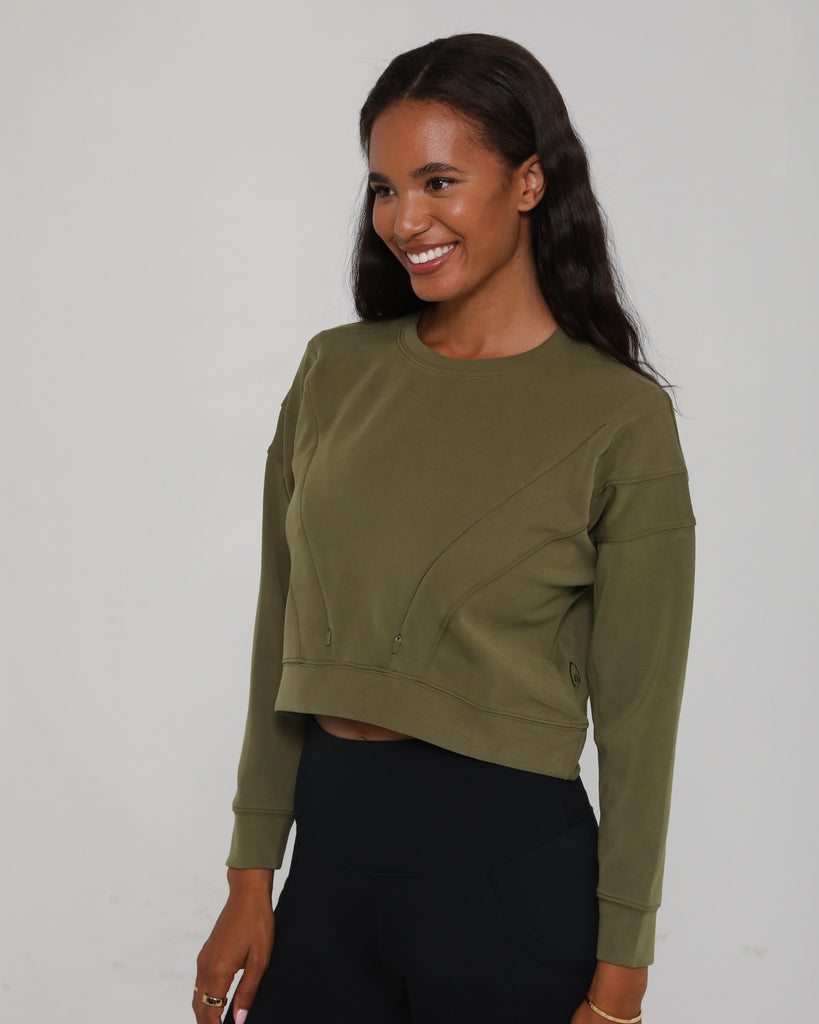 Lyah softtreme nursing sweatshirt pullover, side shot, sweat and milk