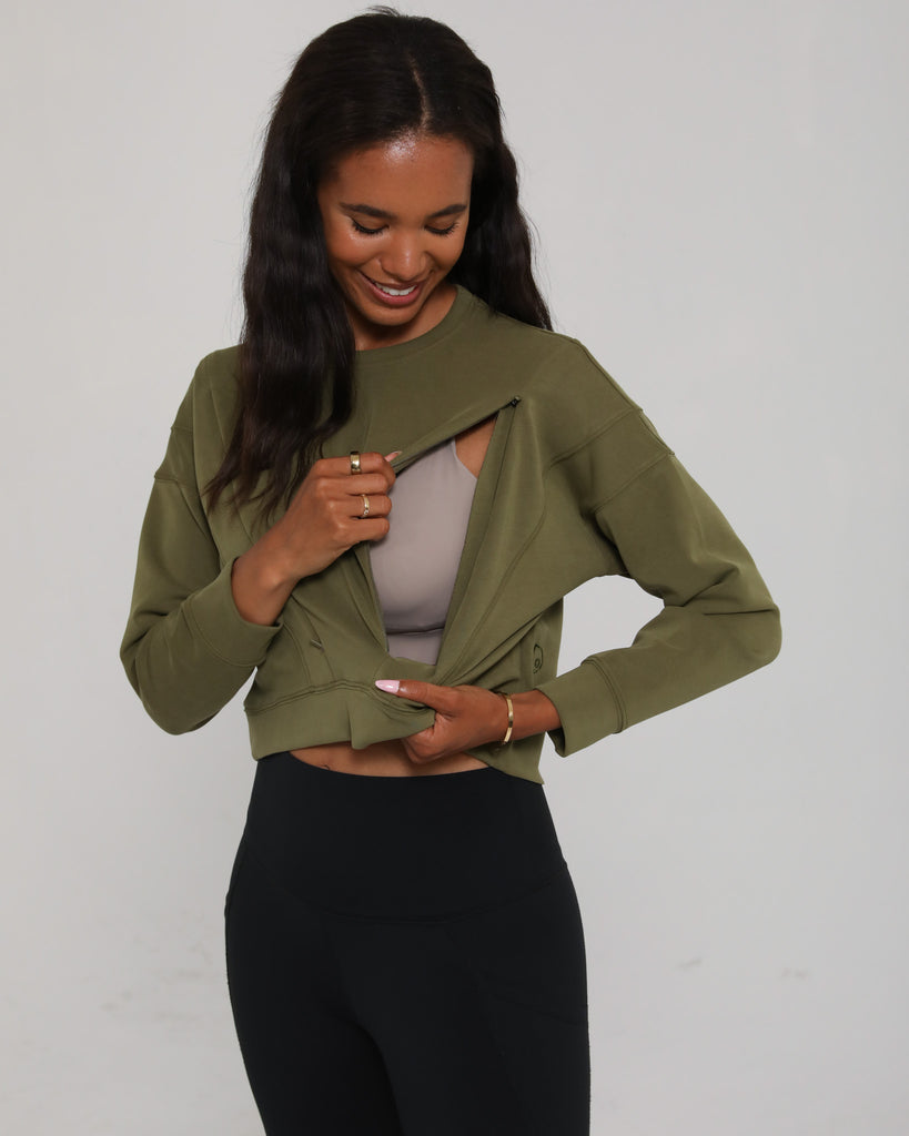 Lyah softtreme nursing sweatshirt pullover, unzipping shot, sweat and milk