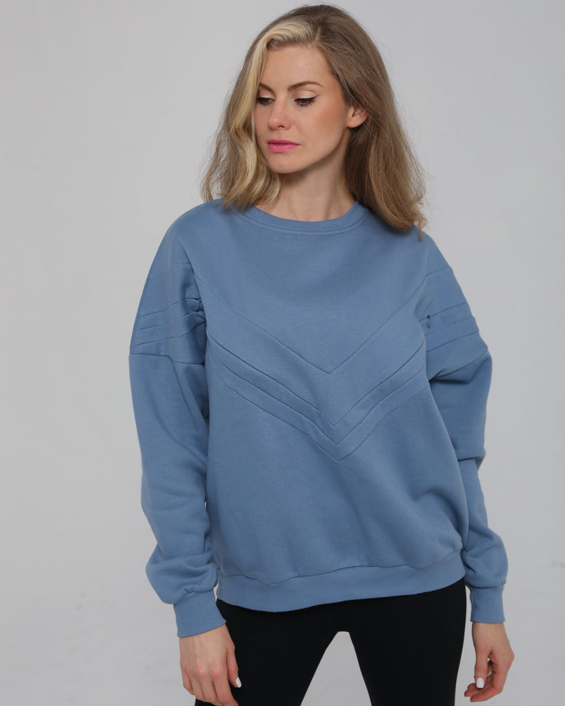 Front view of the Isabella Nursing Sweatshirt in rich chambery blue, featuring a sleek, modern silhouette and ultra-soft fabric, sweat and milk