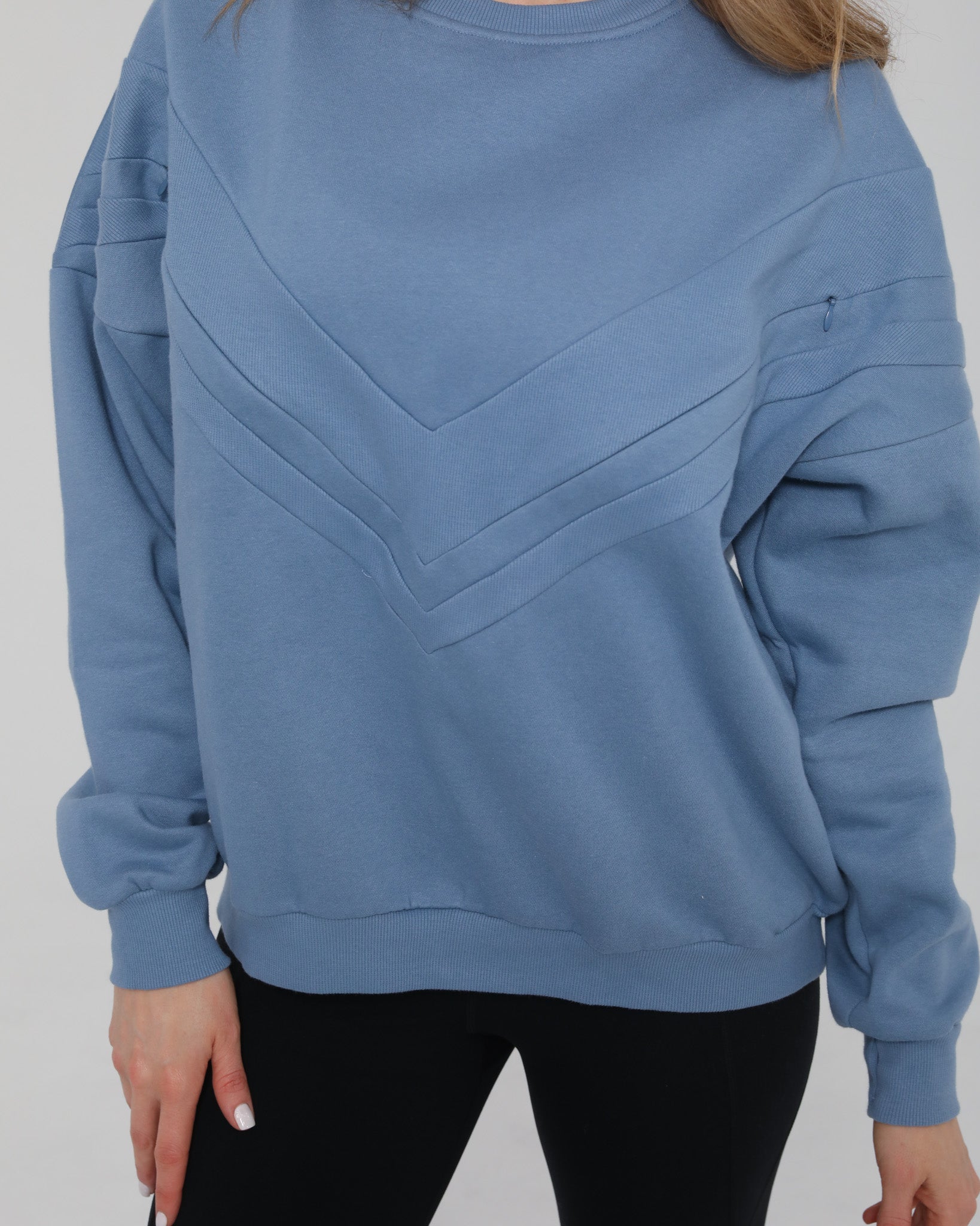 Front view of the Isabella Nursing Sweatshirt in rich chambery blue, featuring a sleek, modern silhouette and ultra-soft fabric, sweat and milk