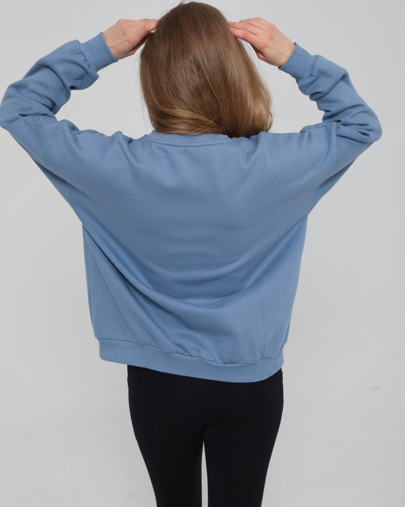 Back view of the Isabella Nursing Sweatshirt in chambery blue, showcasing the clean lines and comfortable, contoured shape, sweat and milk