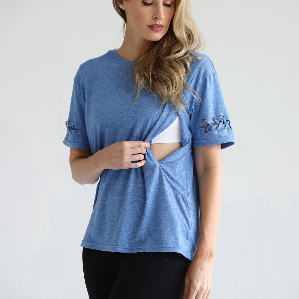 loose fit nursing t shirt with zippers, sweat and milk
