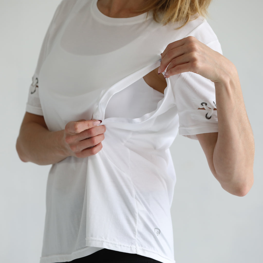 loose fit nursing t shirt with zippers, sweat and milk