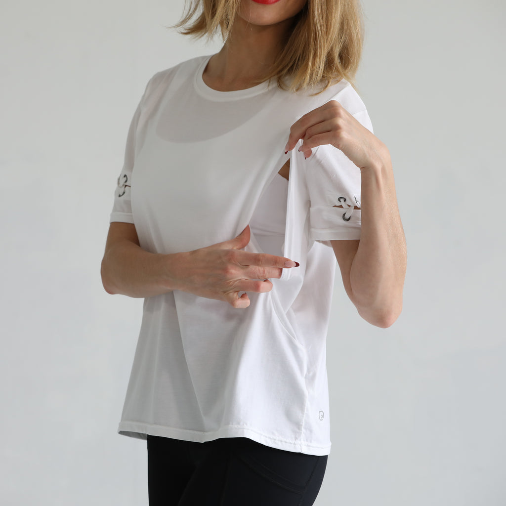 loose fit nursing t shirt with zippers, sweat and milk