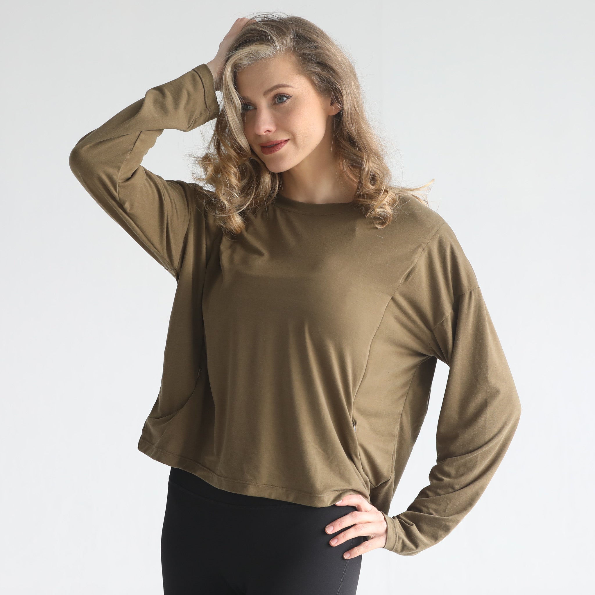 loose fit nursing long sleeve, sweat and milk