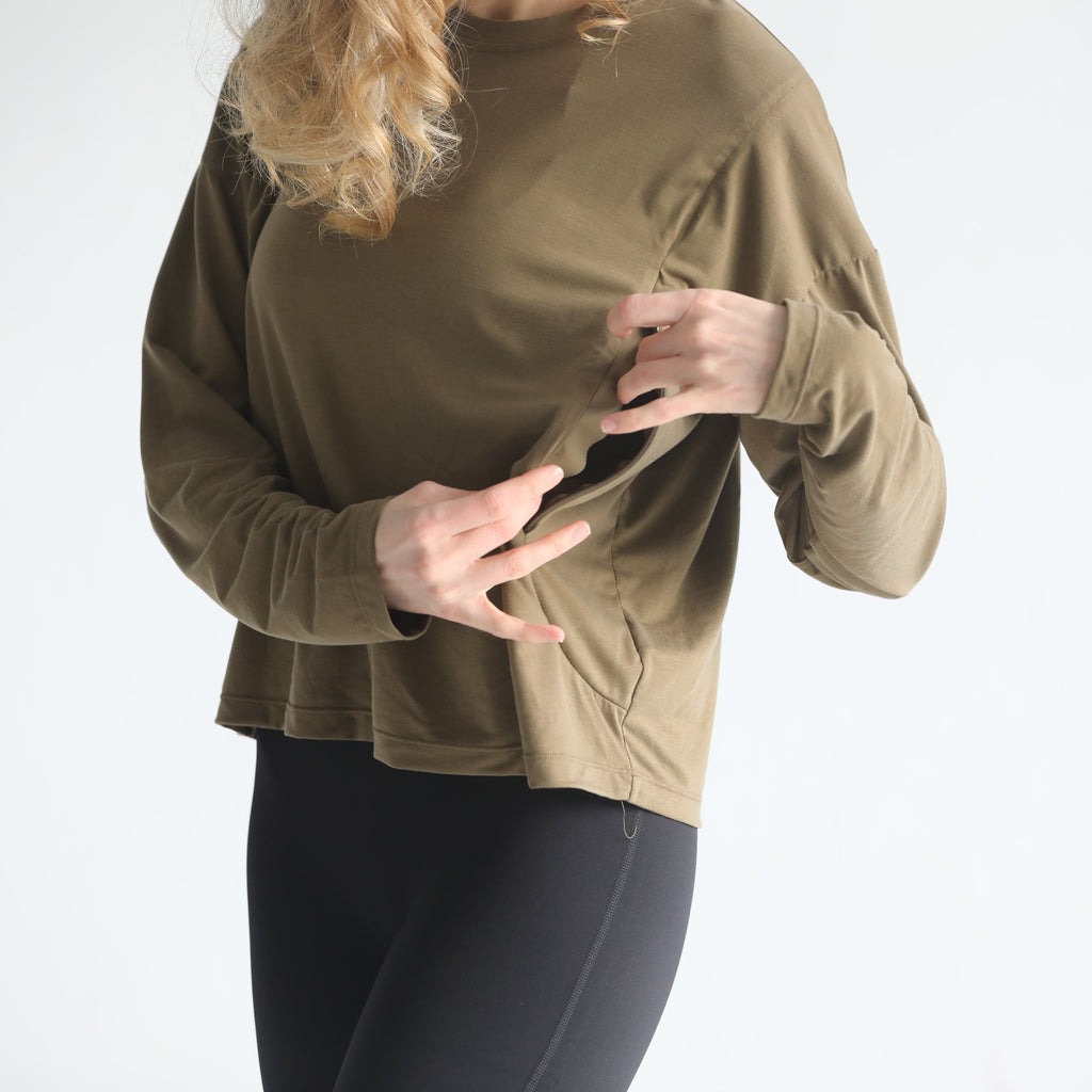 loose fit nursing long sleeve, sweat and milk