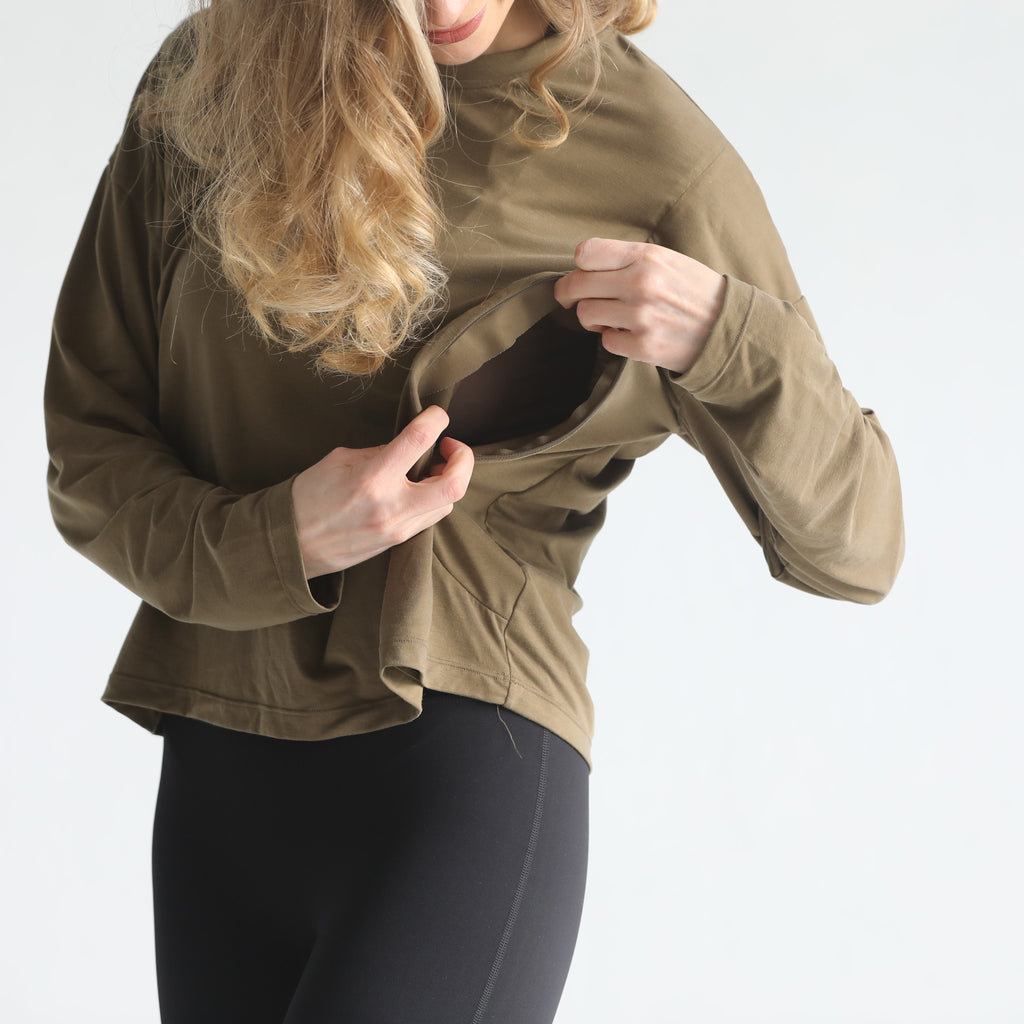 loose fit nursing long sleeve, sweat and milk