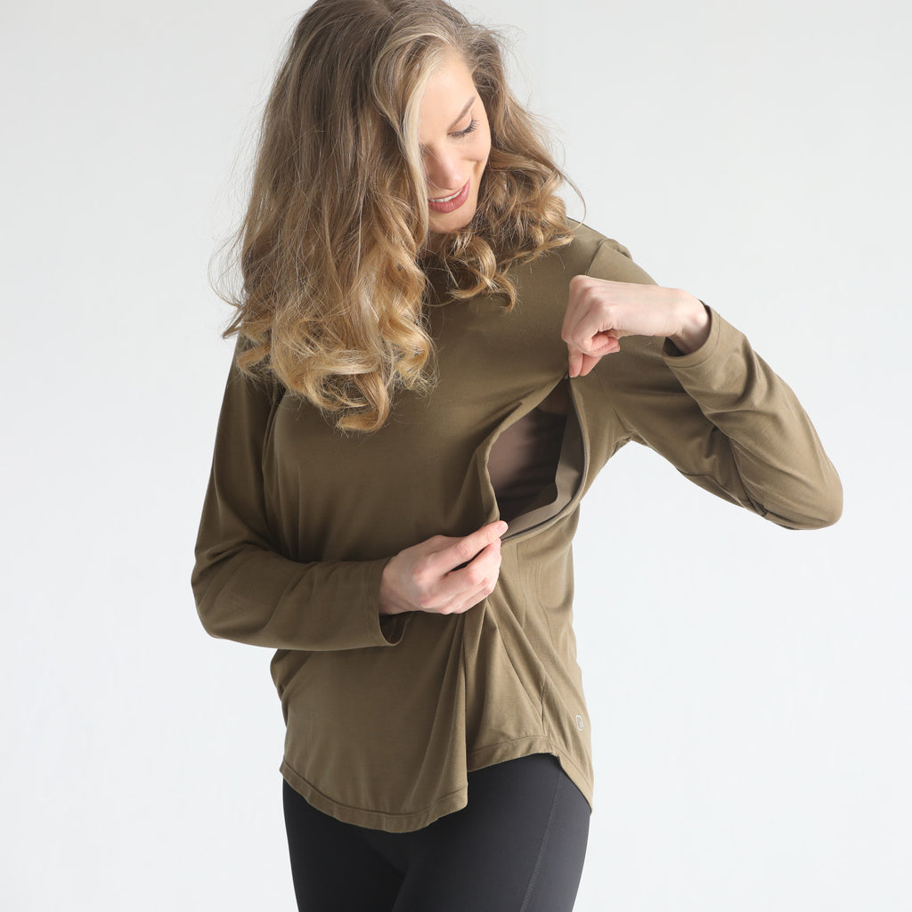 loose fit nursing long sleeve, sweat and milk