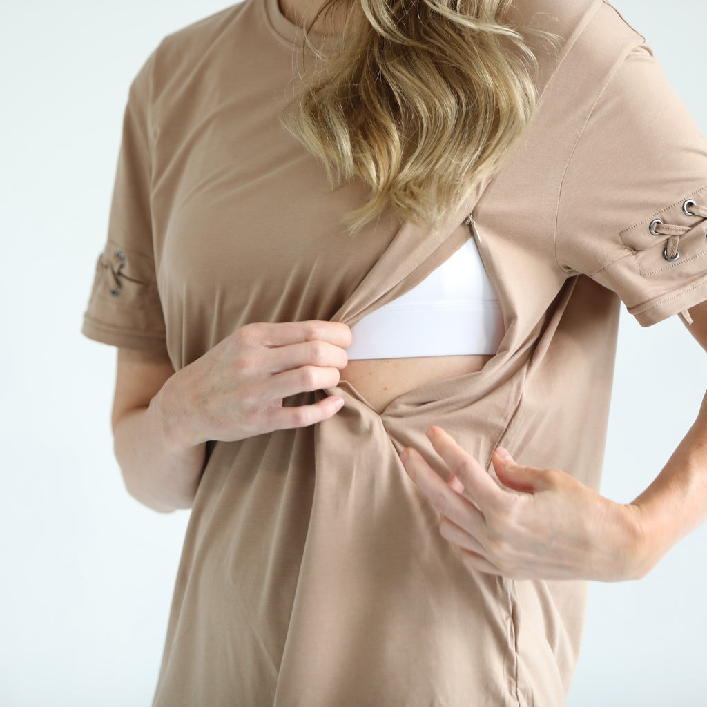 loose fit nursing t shirt with zippers, sweat and milk