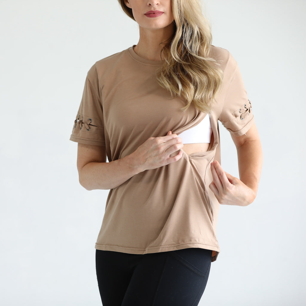 loose fit nursing t shirt with zippers, sweat and milk