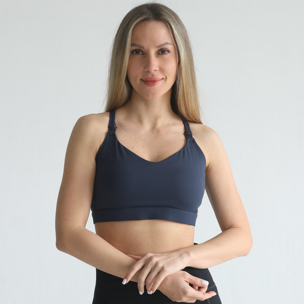 medium support nursing sports bra, adjustable, sweat and milk