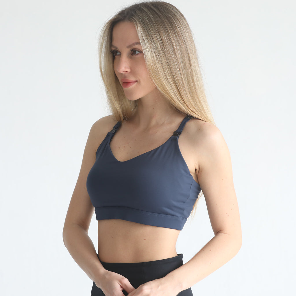 medium support nursing sports bra, adjustable, sweat and milk