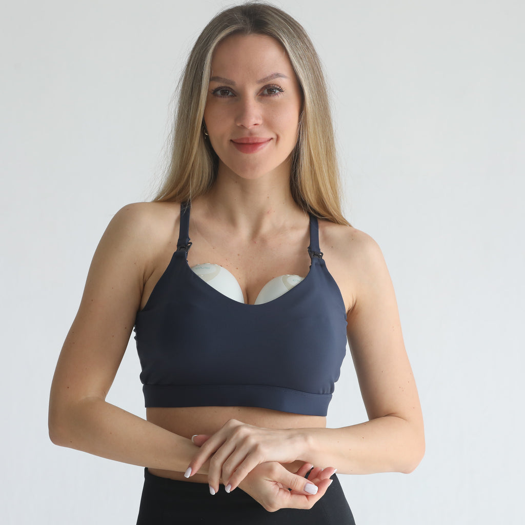 medium support nursing sports bra, adjustable, sweat and milk