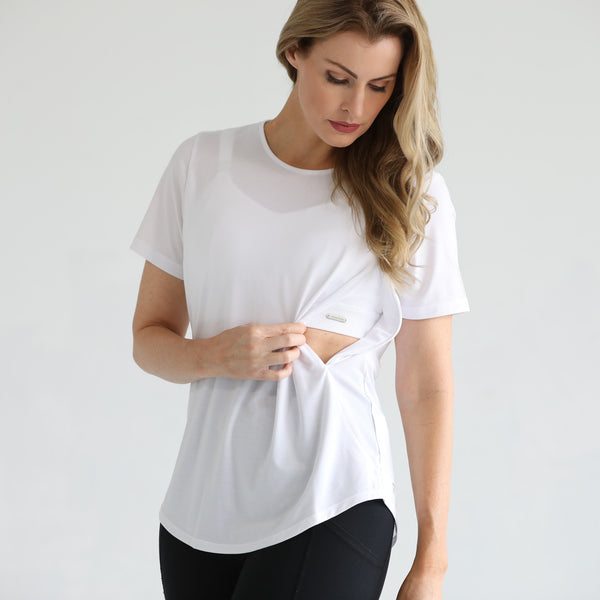Harper Cross Back Short Sleeve Nursing Tee (Sugar Coral) in Blanc