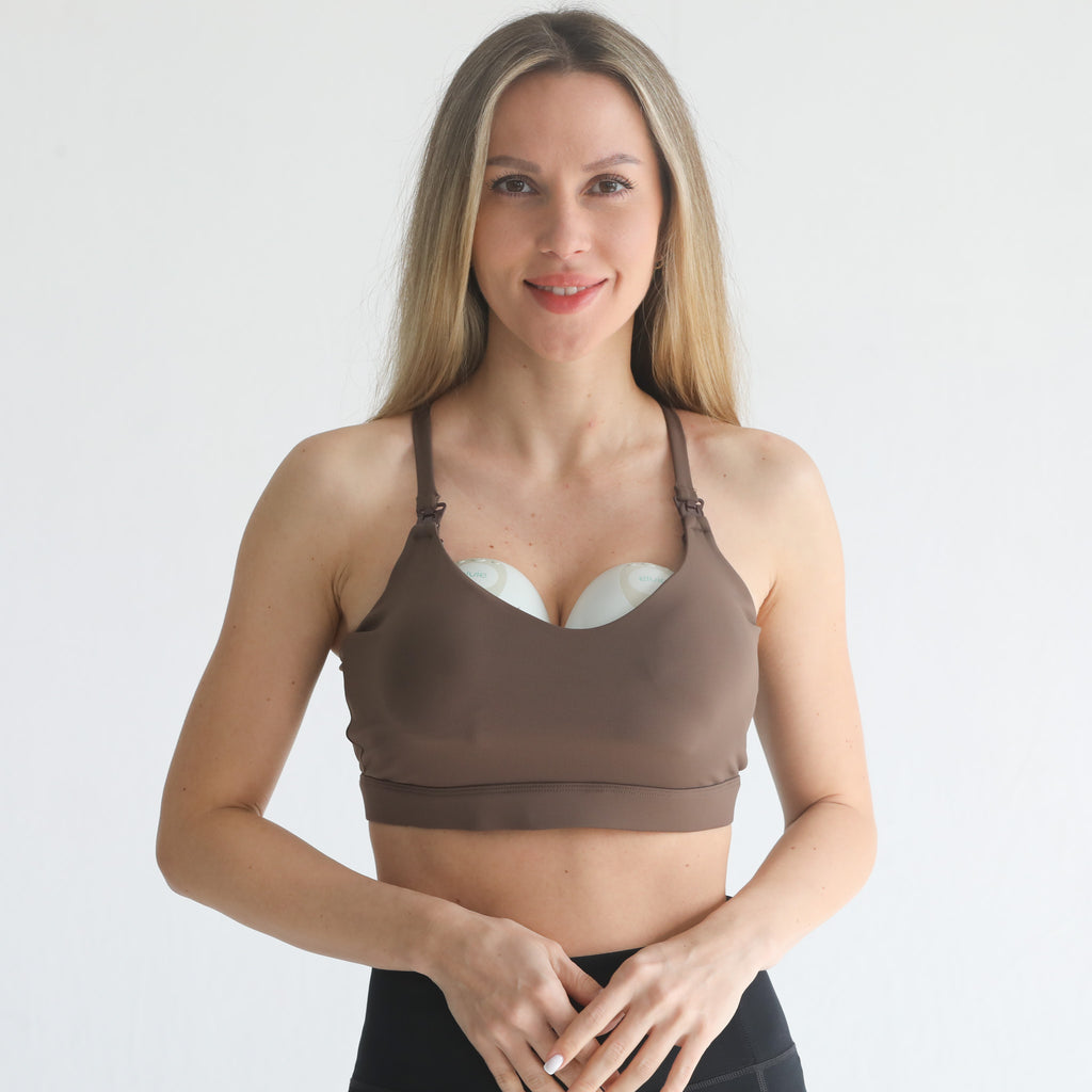 medium support nursing sports bra, adjustable, sweat and milk