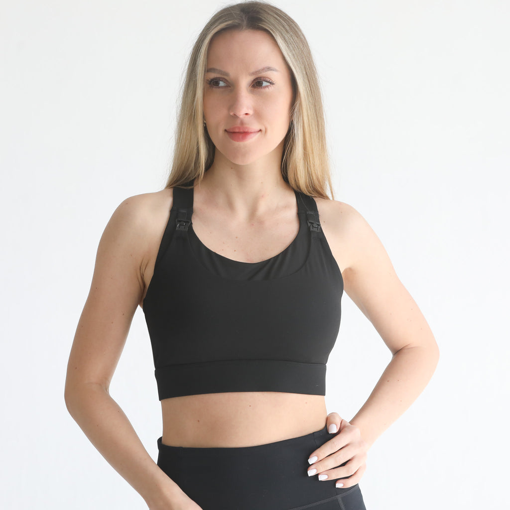 high impact adjustable nursing sports bra for large chested moms, sweat and milk