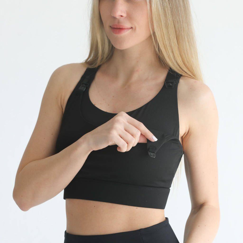 high impact adjustable nursing sports bra for large chested moms, sweat and milk