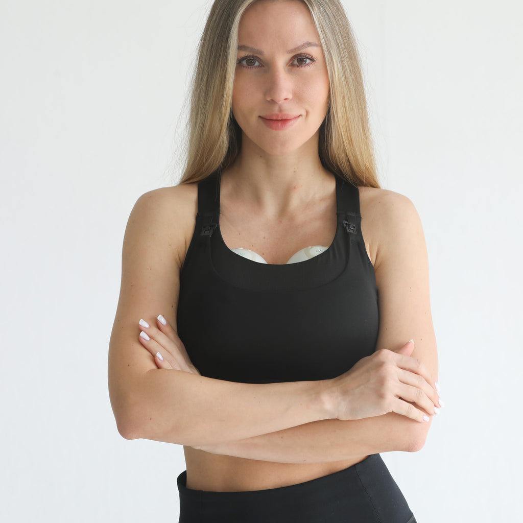 high impact adjustable nursing sports bra for large chested moms, sweat and milk