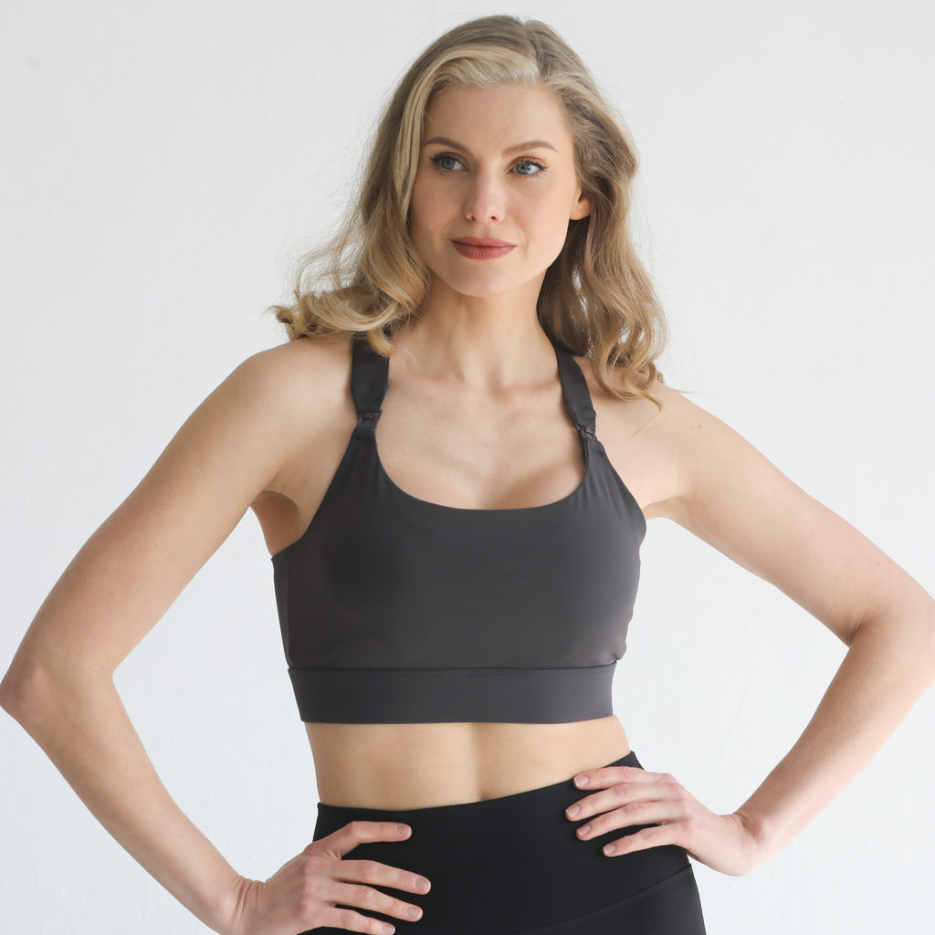 high impact adjustable nursing sports bra for large chested moms, sweat and milk