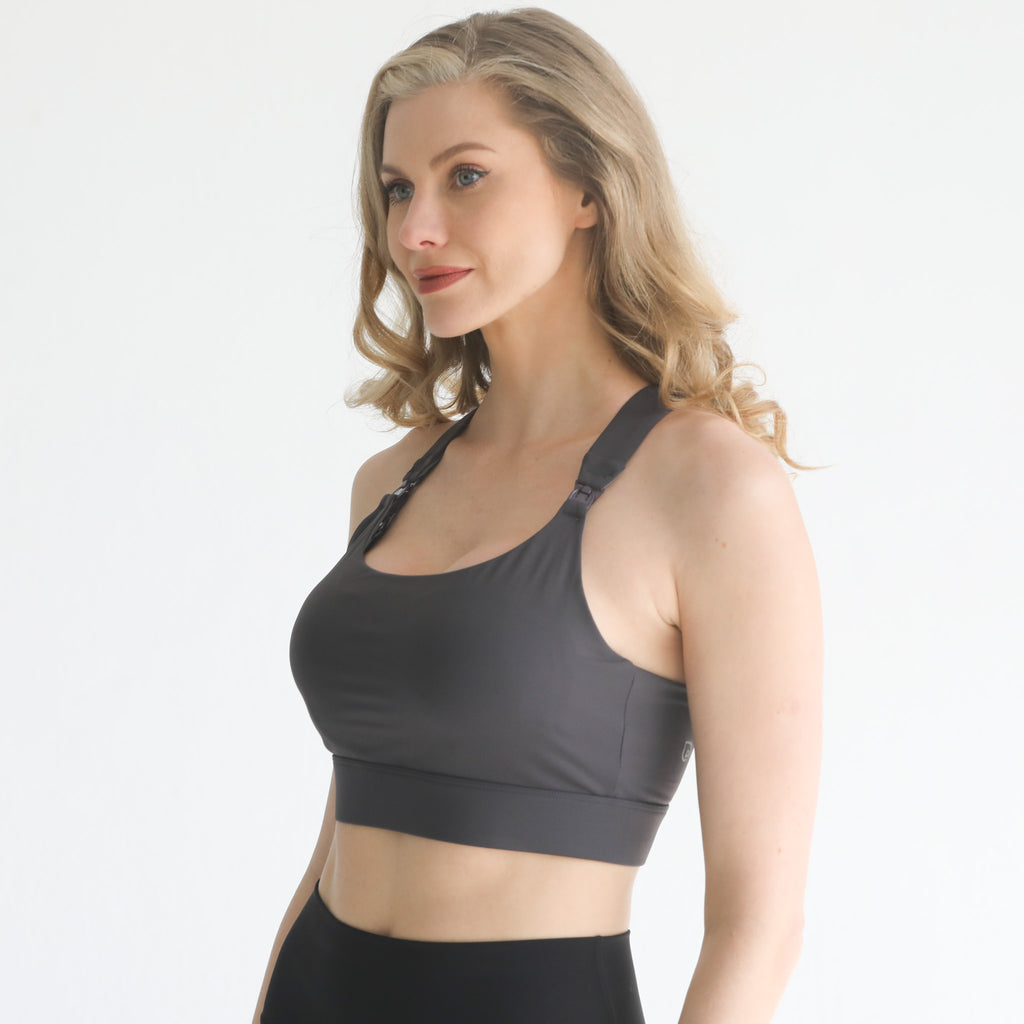 high impact adjustable nursing sports bra for large chested moms, sweat and milk