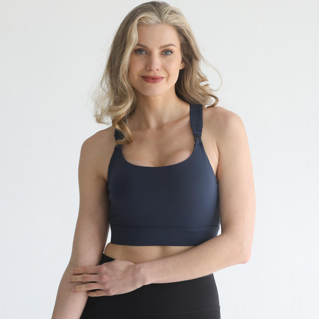 high impact adjustable nursing sports bra for large chested moms, sweat and milk