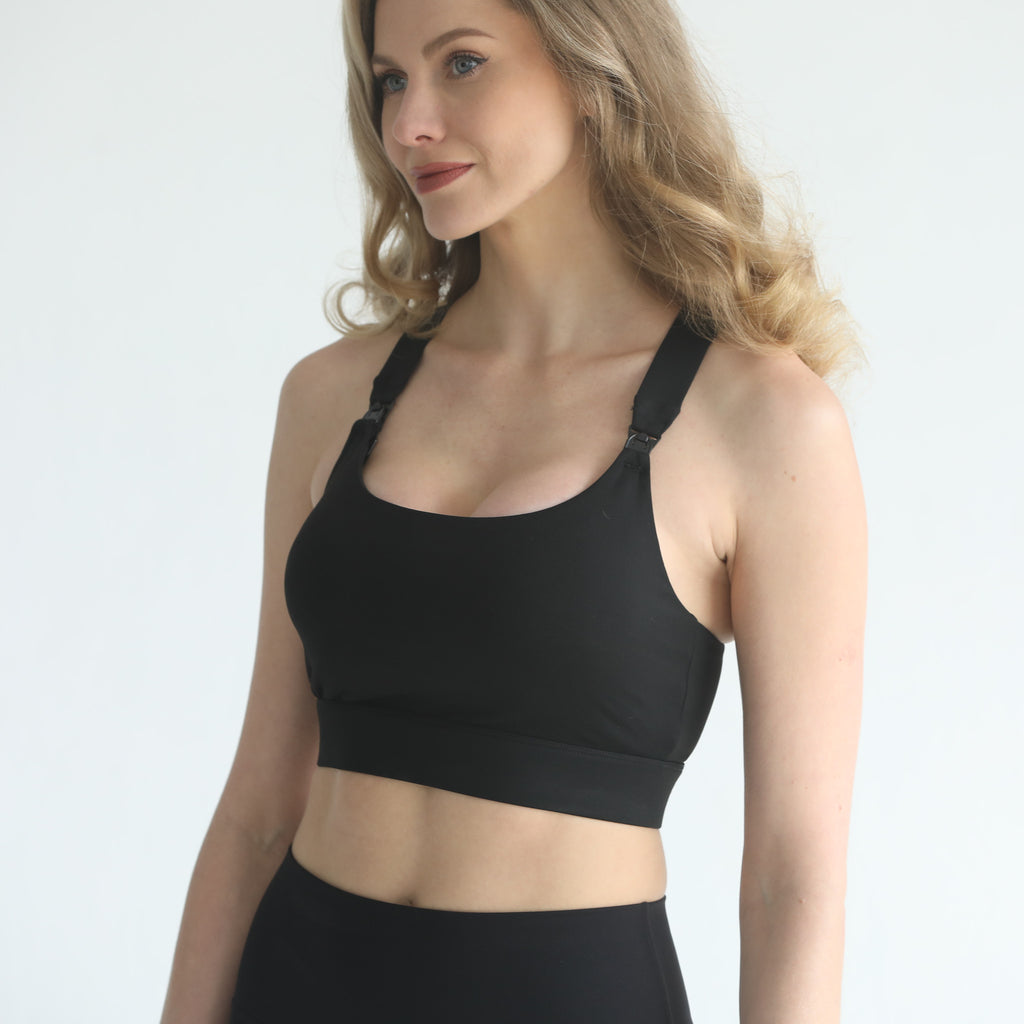 high impact adjustable nursing sports bra for large chested moms, sweat and milk