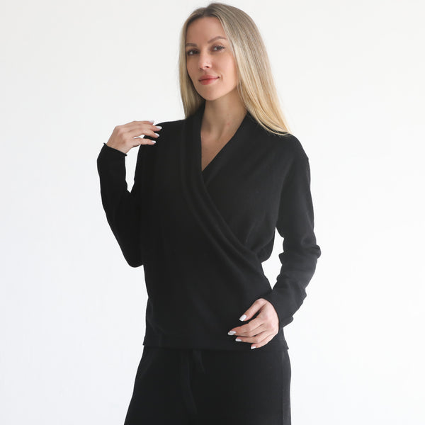 Camille Cashmere Wrap Sweater (Blanc) in Black