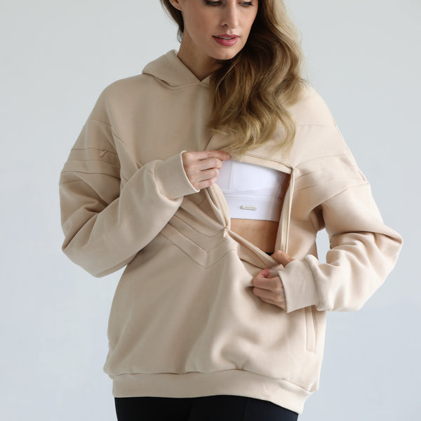 Isabella Ultra Soft Oversized Nursing & Pregnancy Hoodie (Noir) in Oatmeal