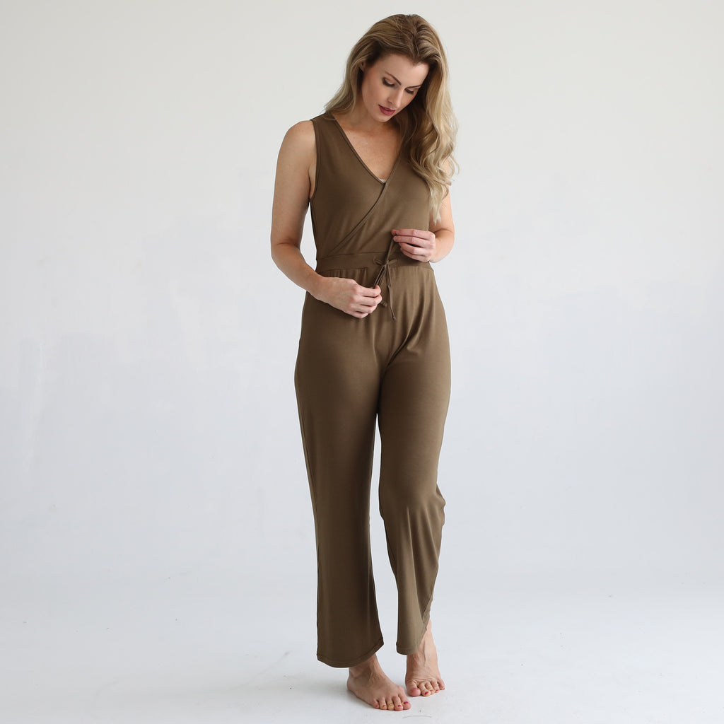 Nursing friendly jump suit, wide legged, sweat and milk