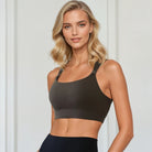 High impact running nursing sports bra on a model, front shot, Chloe 4, Sweat and Milk